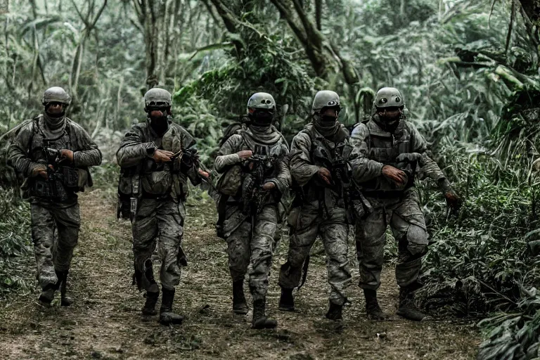 Image similar to Mercenary Special Forces soldiers in grey uniforms with black armored vest in a battlefield in the jungles 2022, Canon EOS R3, f/1.4, ISO 200, 1/160s, 8K, RAW, unedited, symmetrical balance, in-frame, combat photography