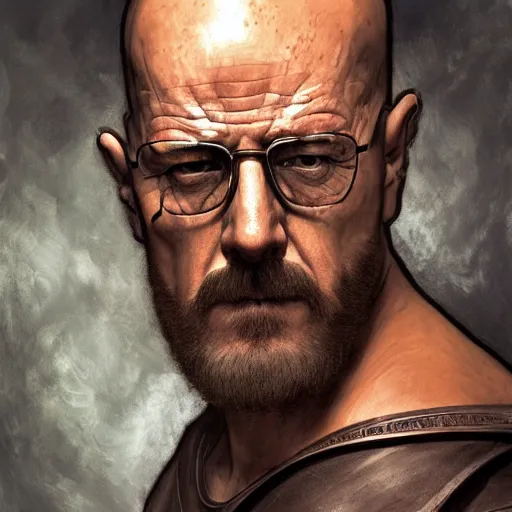 Image similar to Heisenberg as Kratos, highly detailed, digital painting, artstation, concept art, smooth, sharp focus, illustration, ArtStation, art by artgerm and greg rutkowski and alphonse mucha and J. C. Leyendecker and Edmund Blair Leighton and Katsuhiro Otomo and Geof Darrow and Phil hale and Ashley wood and Ilya repin and Charlie Bowater