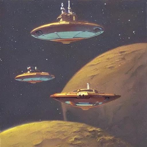 Image similar to oil painting of “the first explorers on Venus” vintage scifi art by Vincent Di Fate