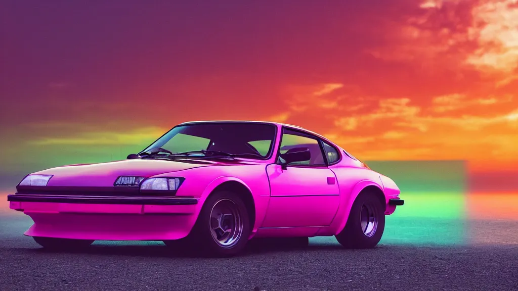 Image similar to neon synthwave datsun 4 2 0 z, at sunset, 8 k. filling most of the view