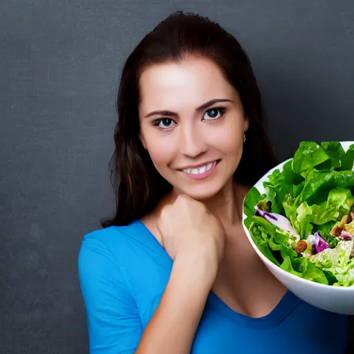 Prompt: extremely detailed professional photo, studio lighting, woman with bowl of salad