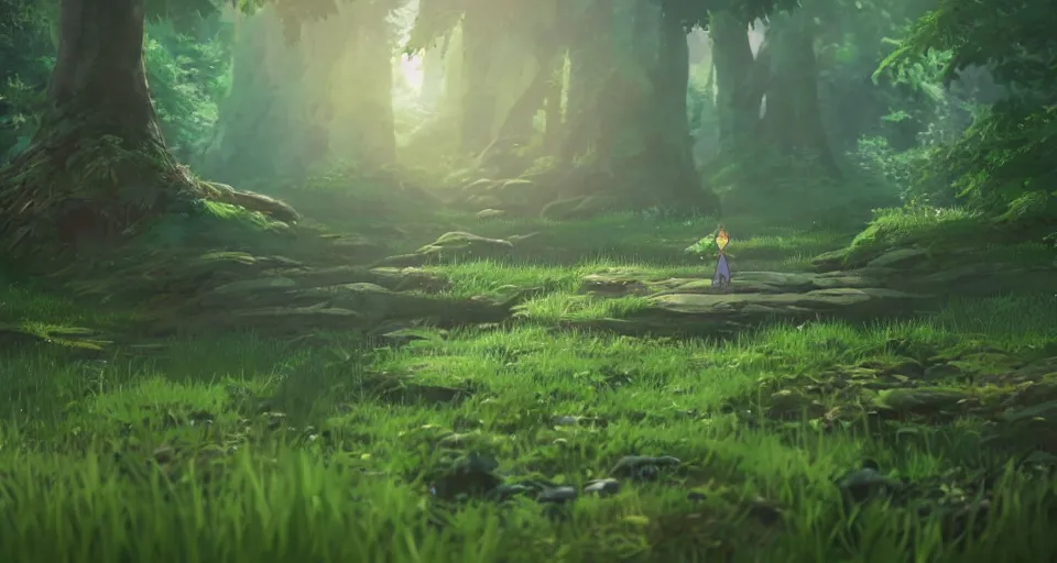 Prompt: Korok forest from the Legend of Zelda, Makoto Shinkai, Studio Ghibli style, Nintendo, environment concept, digital art, unreal engine, 3 point perspective, WLOP, trending on artstation, low level, 4K UHD image, octane render,