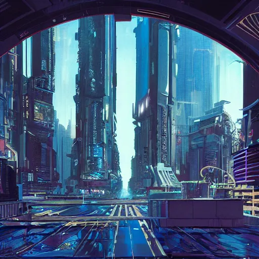 Image similar to busy cyberpunk futuristic cityscape located under a bridgeway, world seen only through a portal, daylight, cinematic perspective, cinematic lighting, blue sky, syd mead, john harris, symmetrical