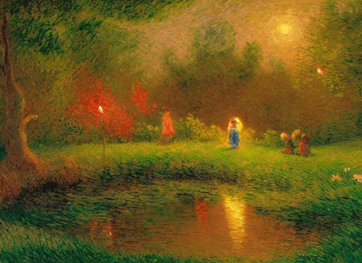 Prompt: romanticism impressionism landscape painting of winnie the pooh characters at night, night time, colorful paper lanterns, string lights, in the style of hudson river school and thomas cole and albert bierstadt and vincent van gogh and claude monet