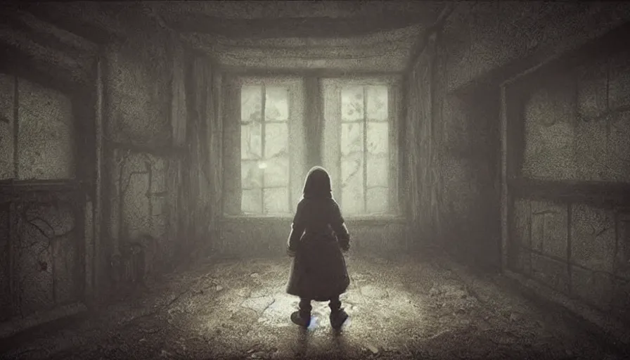 Image similar to in the long past, a alone child, alone in the darkside, cold place, mother of witchers in there, shaodws breathing, spirits in the dark, real atmosphere, old home decor, crossbreeding, rainy window