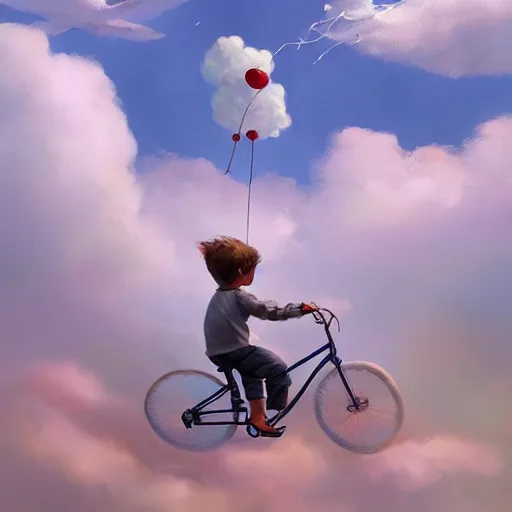 Image similar to A whimsical painting of a boy riding a bicycle in the sky, flying through the clouds, digital art, artstation, Mandy Jurgens, CGSociety, WLOP