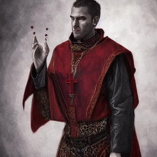 Image similar to portrait of a handsome Catholic priest with red eyes, dark, intricate details, highly detailed, concept art, digital painting, trending on artstation, award-winning. Art by Loran DeSore and Merwild