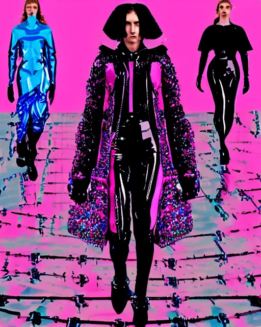 Prompt: a leaked screenshot of Balenciaga's fall 2049 fashion week, prismatic, dazzle camouflage!, dayglo pink, dayglo blue, Bladerunner, cyberpunk