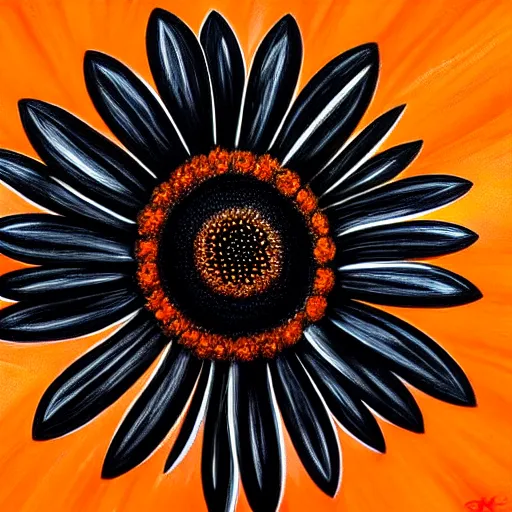 Image similar to black daisy with an orange center, logo, intricate oil painting, high detail illustration, sharp high detail, manga and anime