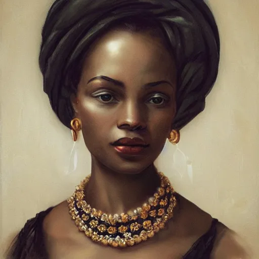 Prompt: portrait of a beautiful black victorian woman in a rounded baroque frame and devoted posture, she has big chunk emerald earrings, trending on artstation, golden ratio, 8 k