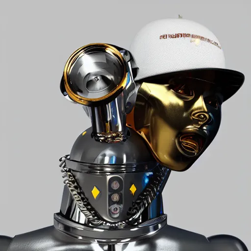 Image similar to hiphop gangsta robot, gold mouth, led screens, expressive, photo realistic, dramatic cinematic lighting, octane render, 4 k, ultra detailed