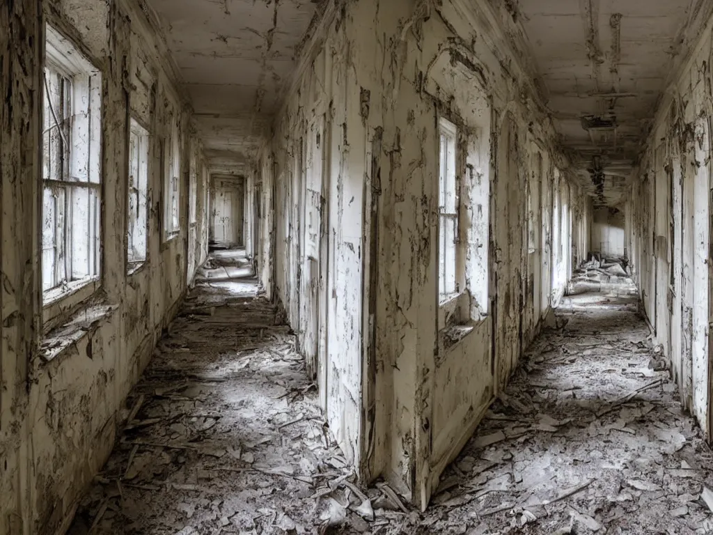 Image similar to a haunted asylum with long hallways, abandoned