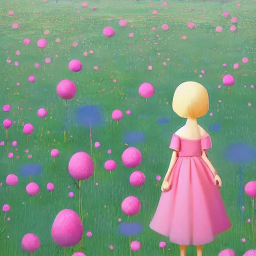 Prompt: organic by goro fujita. a digital art of a young girl with blonde hair, blue eyes, & a pink dress. she is standing in a meadow with flowers & trees.