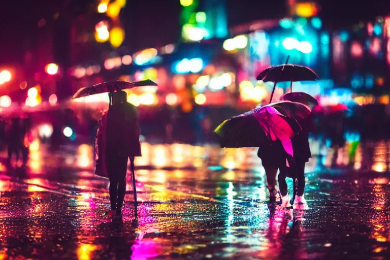 Image similar to canon, 30mm, bokeh, city at night, raining, reflections, people with umbrellas, neon lights