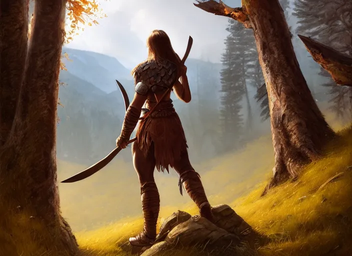 Prompt: a warrior, female, she rests an axe on her shoulder, she is grabbing a nearby tree, looking onto the horizon, a big wolf is next to her, fall, mountain landscape, portrait by magali villeneuve and ames jean and artgerm and greg rutkowski, 4 k, artstation, realistic, cinematic composition, d & d