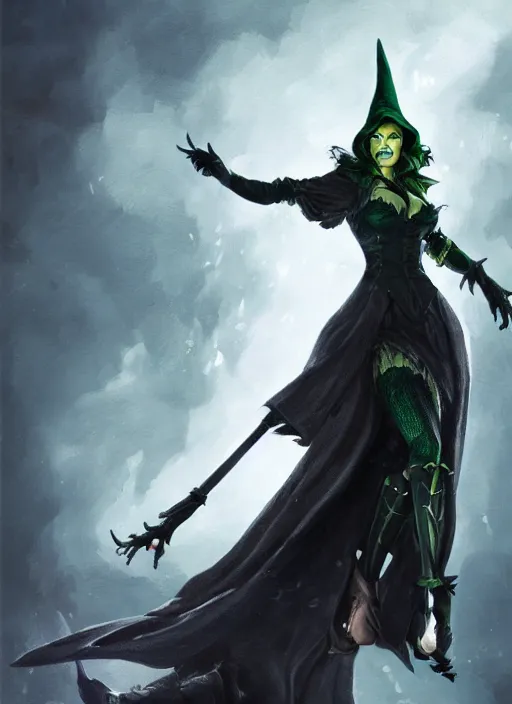 Image similar to beautiful female wicked witch, milla jovovich as the wicked witch of the west, full body character concept, armor, super powers, fantasy, intricate, elegant, highly detailed, digital painting, artstation, concept art, shining, sharp focus, illustration, art by stanley lau