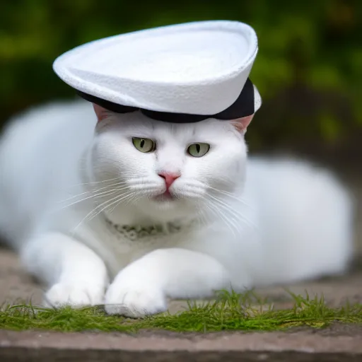 Image similar to a white cat with a hat on its head, a stock photo by Miao Fu, shutterstock contest winner, rasquache, stock photo, stylish, white background