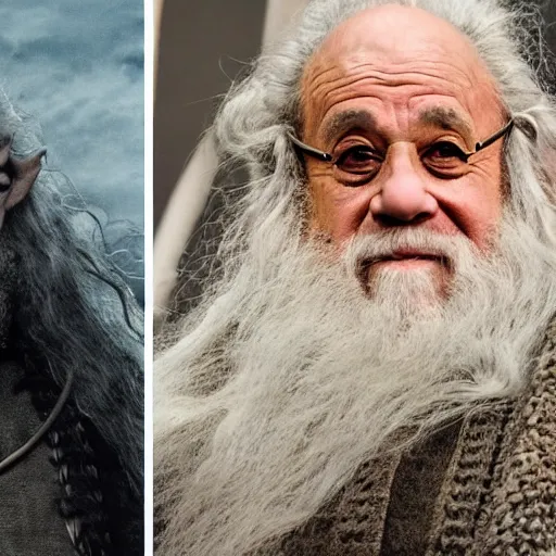 Image similar to danny devito starring as gandalf the white in the 2 0 2 4 lord of the rings movie, full body, hyper realistic, high quality, wide angle, always sunny in philadelphia