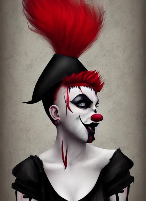 Prompt: A high quality illustration of a goth-clown hybrid with red hair, trending on artstation, hd, behance contest winner, cute