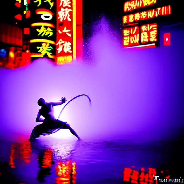 Prompt: cyber monks fight water dance supreme water fist, detailed animal form water, fighting stance energy, shibuya prefecture, cinematic neon uplighting, fog mist smoke, photorealistic, night photography by tomino - sama