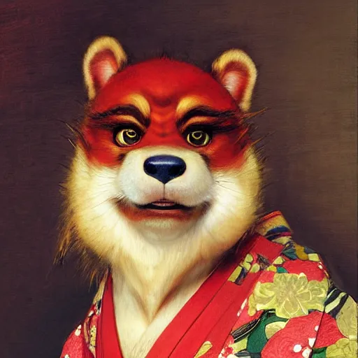 Prompt: a portrait of a hamato yoshi wearing a red kimono, hairy, feet, tail. highly detailed painting by gaston bussiere, craig mullins, j. c. leyendecker, furry