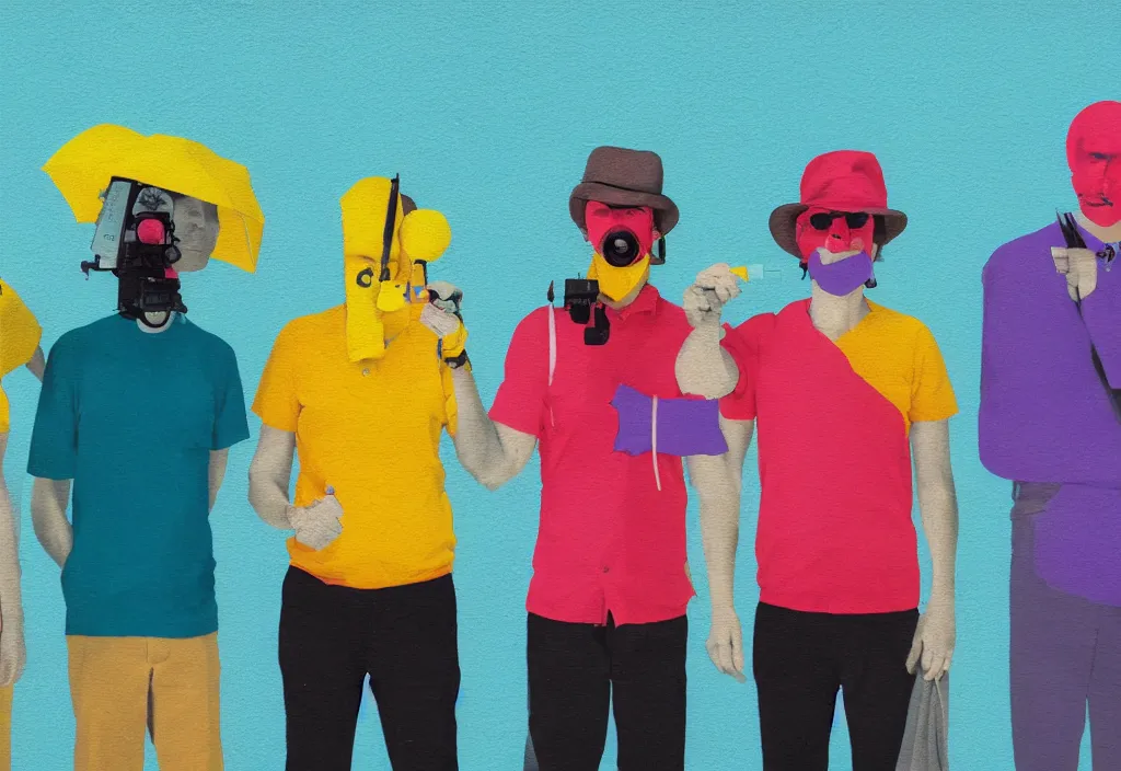 Prompt: full body portrait of a trio of european tourists with nikon cameras, character designs painting, in the style of wes anderson, rene magritte, lola dupre, david hockney, isolated on white background, dark monochrome neon spraypaint accents volumetric octane render