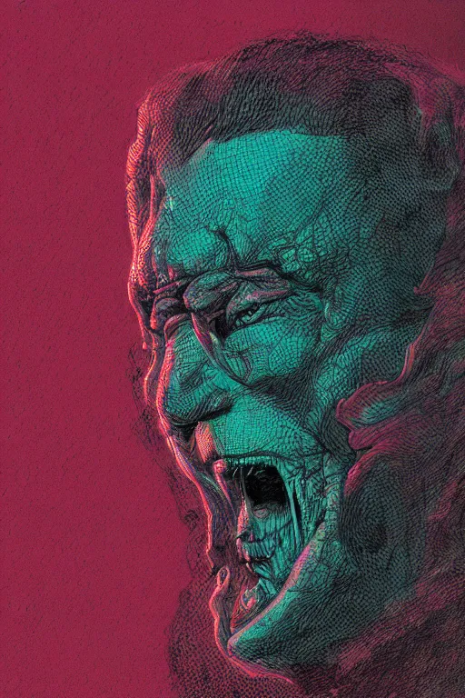 Image similar to hallucinogenic draconian,in the style of Richard Corben and Eva Widermann and David A. Cherry,trending on artstation, spectral lighting closeup view,Sabattier filter ,anaglyph filter ,macro,Eraserhead ,sketched ,