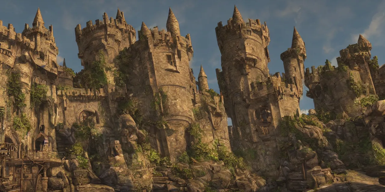 Image similar to unreal engine 5 gbuffer depth and pixar quality caricatures dragon and castle