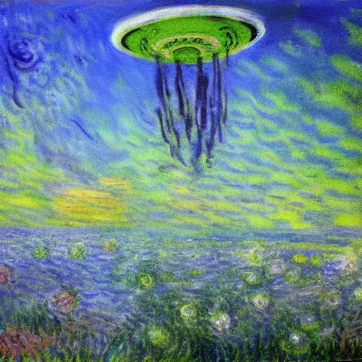 Image similar to alien invasion painted by monet