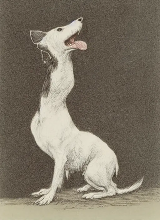 Image similar to candid portrait of a jack russel terrier howling, side view, illustrated by peggy fortnum and beatrix potter and sir john tenniel