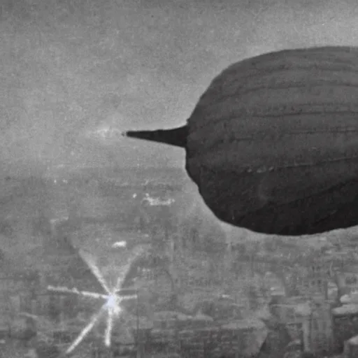 Image similar to grainy 1800s photo of a dirigible airship firing a huge ray gun at a city below