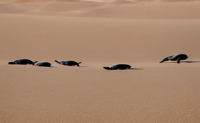 Prompt: standing whales in sand dunes, photography