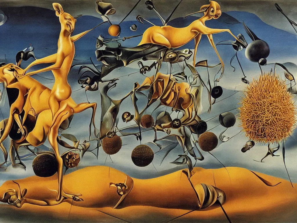 Prompt: a kangaroo fighting a sea urchin on a train surrealism salvador dali