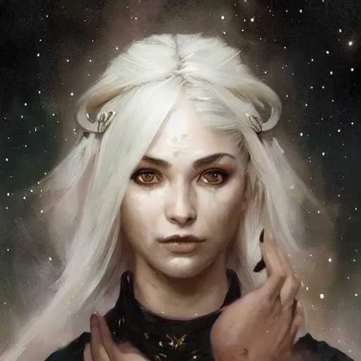 Prompt: portrait of a female stars druid with short white hair wearing a black robe covered in stars, half body, fantasy, highly detailed, digital painting, artstation, concept art, character art, art by greg rutkowski and magali villeneuve and alphonse mucha