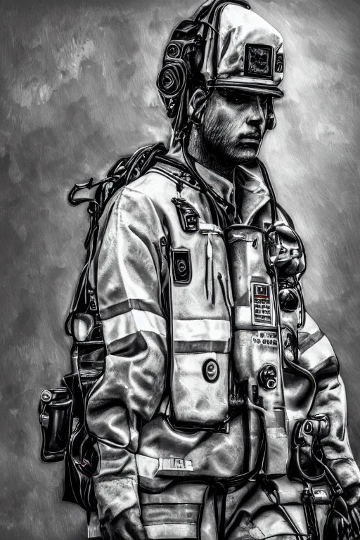 Image similar to paramedic, standing by ambulance, highly detailed, digital art, sharp focus, trending on art station