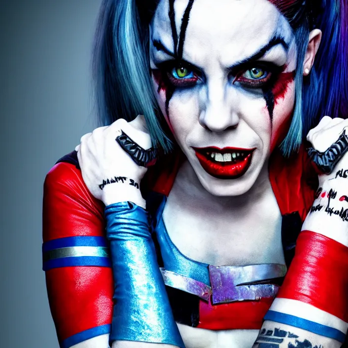 Image similar to portrait of Melanie C as a harley quinn in Suicide Squad. intricate artwork, octane render, trending on artstation, very coherent symmetrical artwork. cinematic, hyper realism, high detail, octane render, 8k