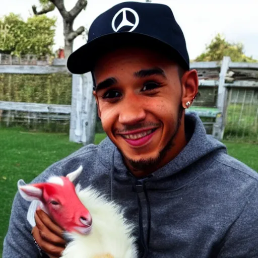 Prompt: an award winning photo of lewis hamilton holding a baby goat, 4 k