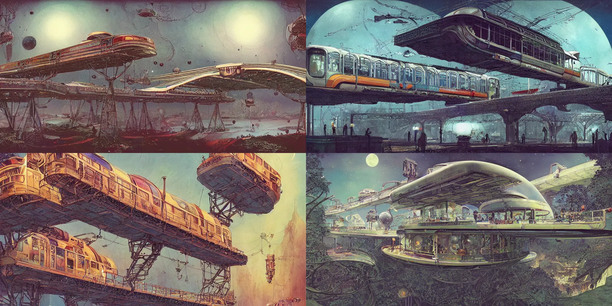 Prompt: A beautiful illustration of a retro futurism elevated railway on another world by Daniel merriam| sparth:.2 | Time white:.3 | Rodney Mathews:.5 | Graphic Novel, Visual Novel, Colored Pencil, Comic Book:.2