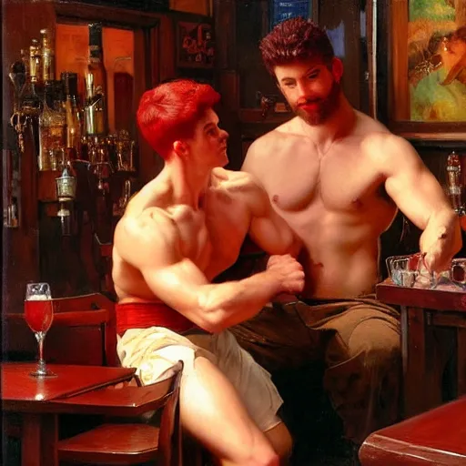 Prompt: attractive muscular male with red hair and muscular attractive white fluffy cat, drinking their hearts out, in a pub. very defined and highly detailed painting by j. c. leyendecker, gaston bussiere, craig mullins 8 k