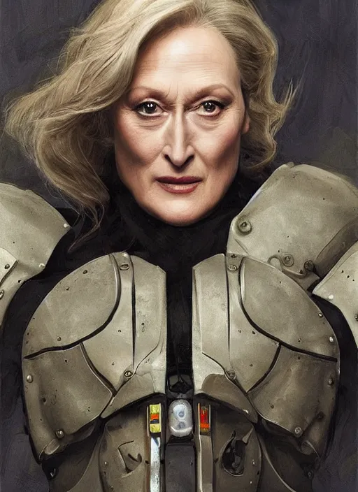 Image similar to a professional painting of a beautiful Meryl Streep, clothed in military armor, olive skin, long dark hair, beautiful bone structure, symmetrical facial features, intricate, elegant, digital painting, concept art, smooth, sharp focus, illustration, from Metal Gear, by Ruan Jia and Mandy Jurgens and Artgerm and William-Adolphe Bouguerea