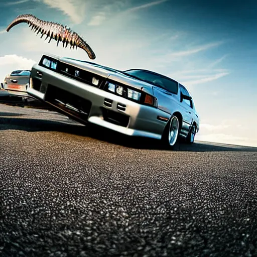 Prompt: beautiful detailed long shot photograph of a spinosaurus crushing a nissan skyline r34 under its feet