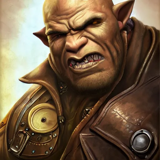 Image similar to portrait of a muscular, bald orc mechanic, wearing a heavy brown leather coat, wielding a wrench, steampunk setting, gears, airship, Warcraft character, dramatic lighting, high detail, digital art