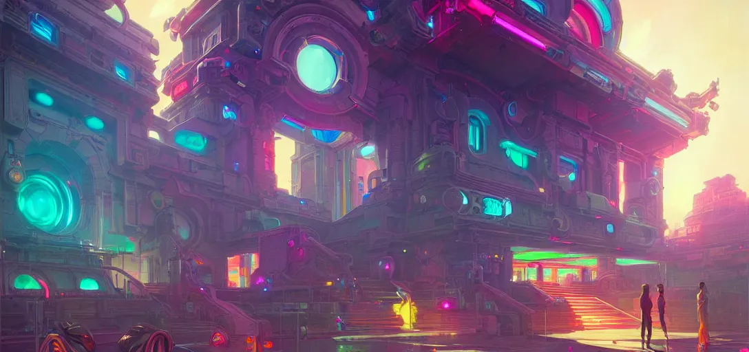 Image similar to street view of a cybernetic temple, vaporwave aesthetic, colorful, psychedelic, digital painting, artstation, concept art, smooth, sharp focus, illustration, art by artgerm and greg rutkowski and alphonse mucha