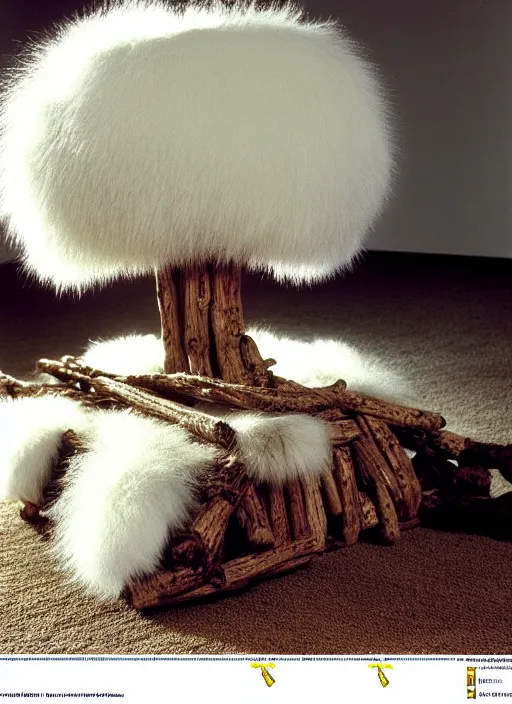 Image similar to realistic photo of a a medieval brushwood archeology scientific equipment device made of brushwood, with white fluffy fur, by dieter rams 1 9 9 0, life magazine reportage photo, natural colors