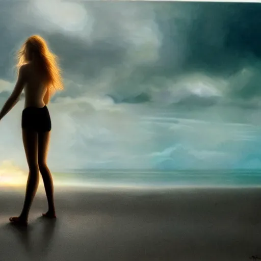 Prompt: silhouette of Elle Fanning on a beach, stormy weather, extremely detailed realist masterpiece, oil on canvas, low-key neon lighting, artstation, Blade Runner 2049, Roger Deakin’s cinematography, by J. C. Leyendecker and Peter Paul Rubens,