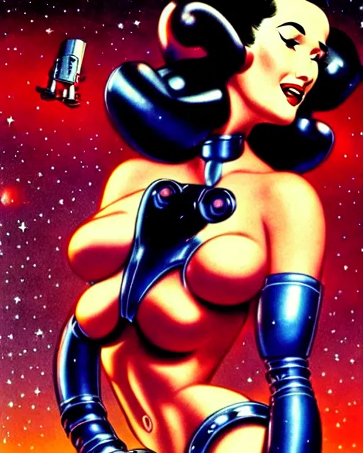 Image similar to closeup beautiful retro space dita von teese posing with a chrome robot in diesel punk city at night, pinup, windblown dark hair, seductive, hyper detailed, digital art, smooth, sharp focus, gil elvgren, luis royo, alberto vargas, 1 9 5 0, when mars attacks