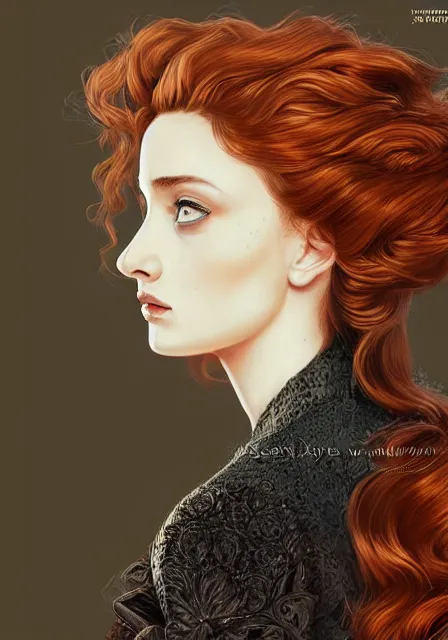 Prompt: sansa portrait in profile with a complex hairstyle with lots of curls, intricate, elegant, highly detailed, digital painting, artstation, concept art, smooth, sharp focus, illustration, pre - raphaelite style