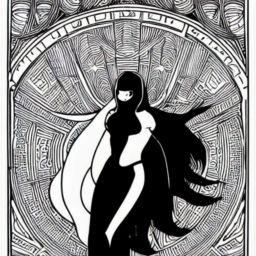 Prompt: clean simple line art with heavy black outlines of a woman floating in space wearing a space suit. no background. well composed, clean coloring book page, beautiful detailed face. coloring book line art by mike mignola and steve ditko and alphonse mucha