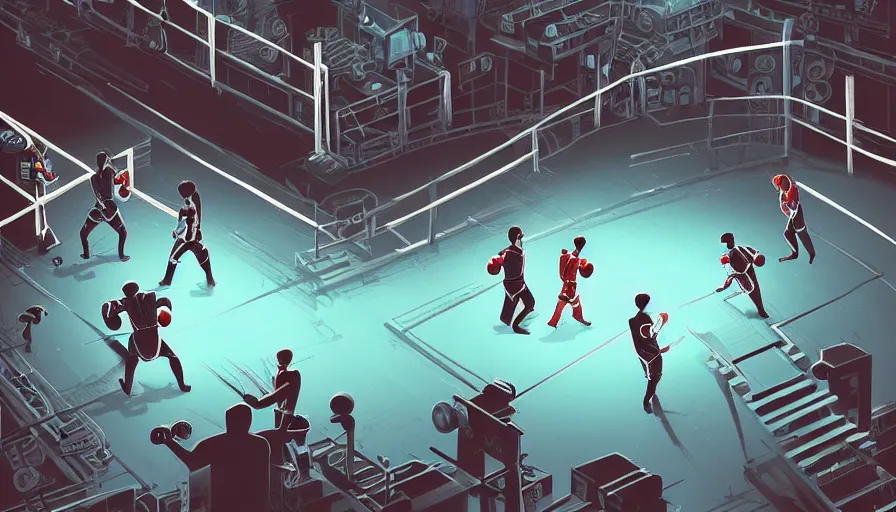 Image similar to a beautiful highly detailed vector illustration close up of a boxing match with robots in a factory, punk styling by atay ghailan, cliff chiang, loish and goro fujita, silver, silver, brown, black, blue and cyan tones, featured on artstation, featured on behance, grunge aesthetic