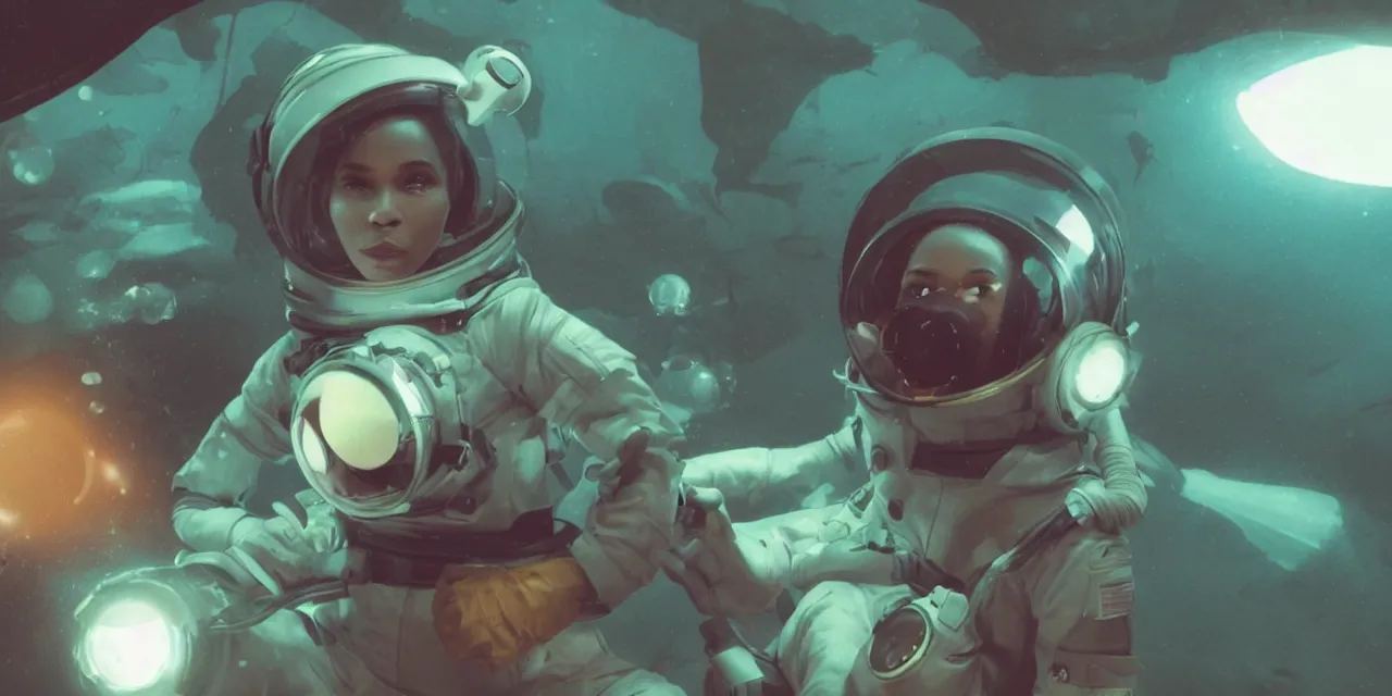 Image similar to Zoe Kravitz with short hair as a retro astronaut, helmet with led lights, alone underwater in the ocean at night, clear water, glowing bubbles, volumetric lighting, glowing lights, 4k, octane, unreal engine, digital painting, artstation, concept art, high contrast, high saturation , cinematic film still, sharp focus, illustration, art by Christopher Nolan and artgerm and greg rutkowski and alphonse mucha , wide angle view, full body